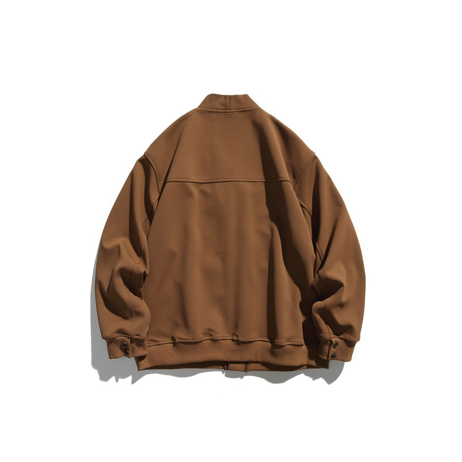 Back view of a brown cardigan with a high collar, long sleeves, ribbed cuffs, and a ribbed hem.