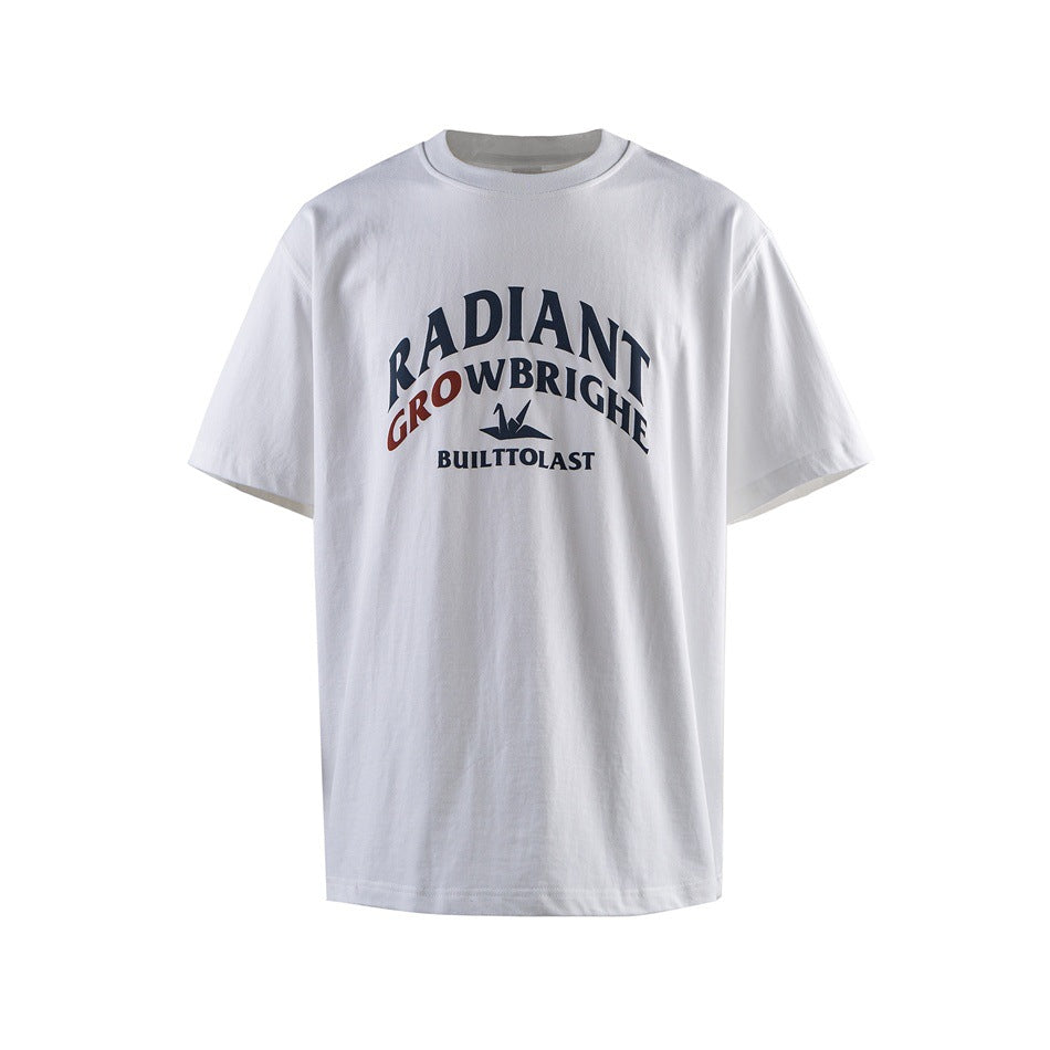 White short-sleeve crew-neck T-shirt with a navy and red arched RADIANT GROWBRIGHE chest print and crane motif