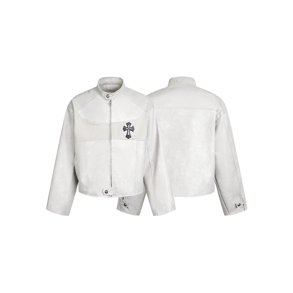 Pale gray cropped jacket shown from the front and back, with a stand collar, front zipper, snap details and dark cross