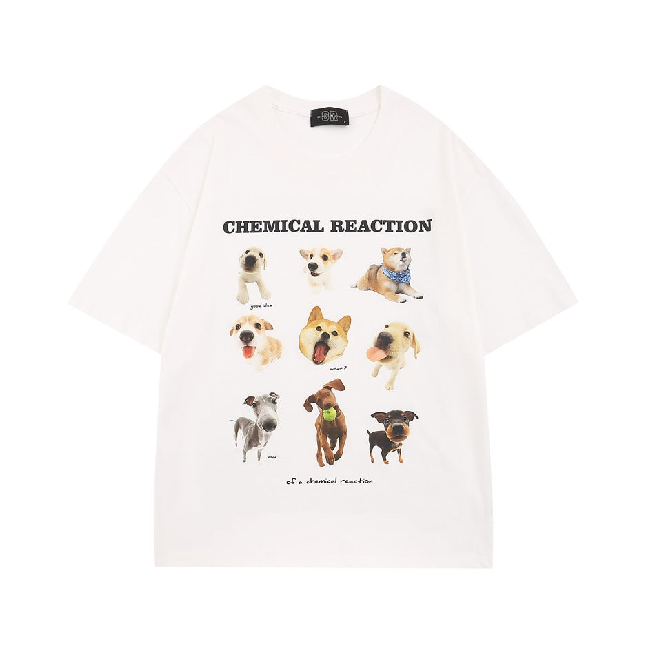 White short-sleeve T-shirt with CHEMICAL REACTION text and a 3x3 grid of dog photo prints on the front