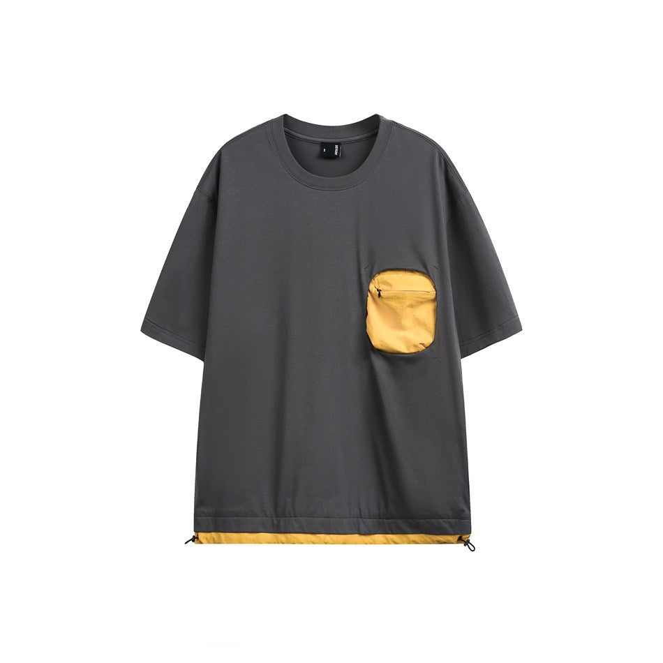 Dark gray short-sleeve T-shirt with yellow zip chest pocket and yellow hem band with drawcord toggles, front view