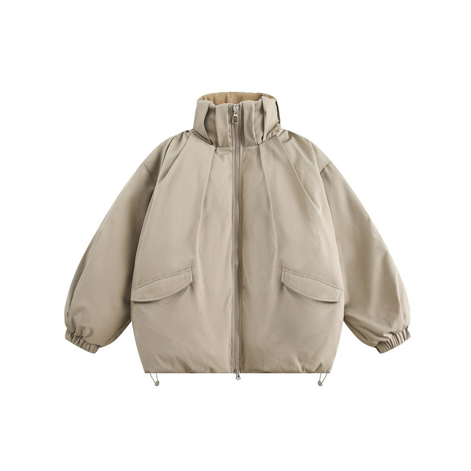 Khaki-beige stand-collar zip jacket with flap pockets, elastic cuffs and drawstring hem, flat front view