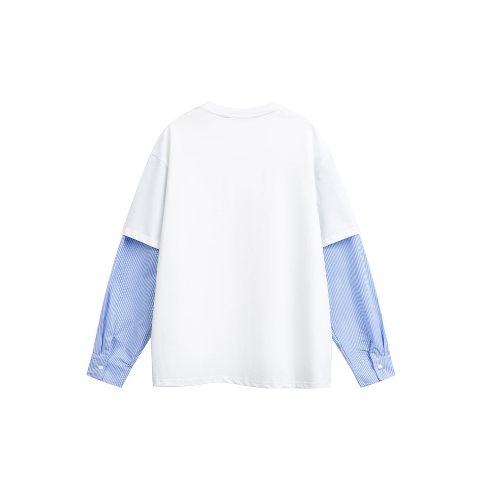 Back view of a white crewneck shirt with long blue-and-white striped sleeves and buttoned cuffs.