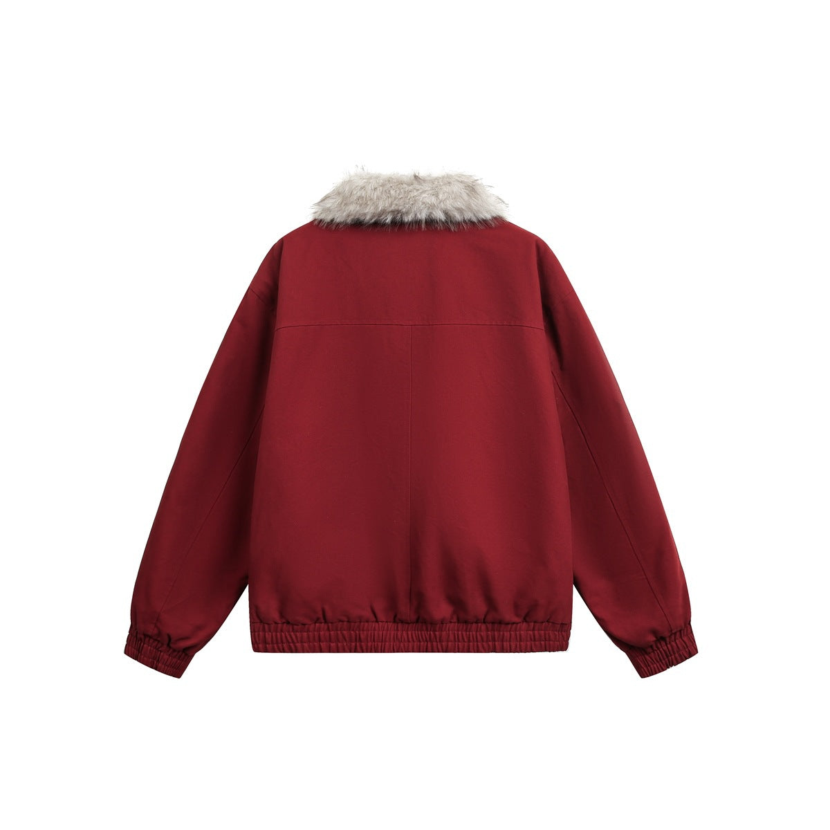 Back view of a deep red jacket with a pale fur collar, long sleeves, and gathered elastic cuffs and hem.