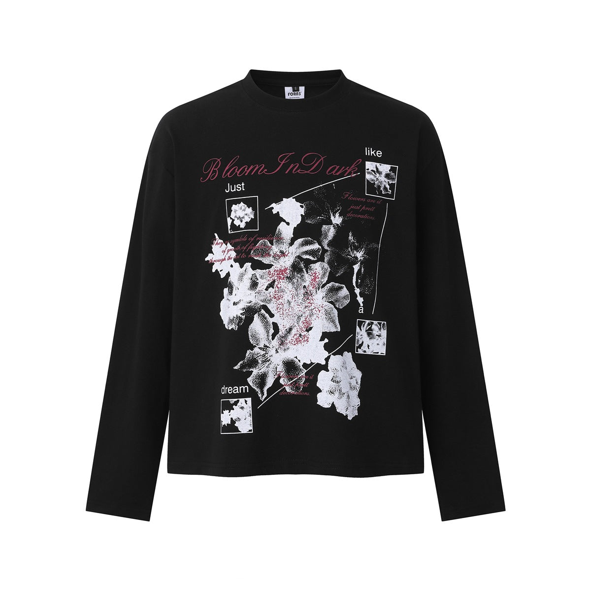Black long-sleeve crew-neck top with a white and gray floral graphic and burgundy script text, flat front view