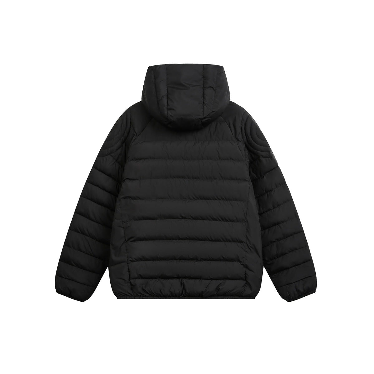 Back view of a black hooded puffer jacket with horizontal body quilting and curved quilted sleeves.