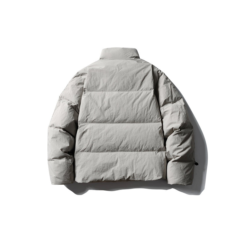 Light gray puffer jacket back view with stand collar and horizontal quilted panels, flat lay