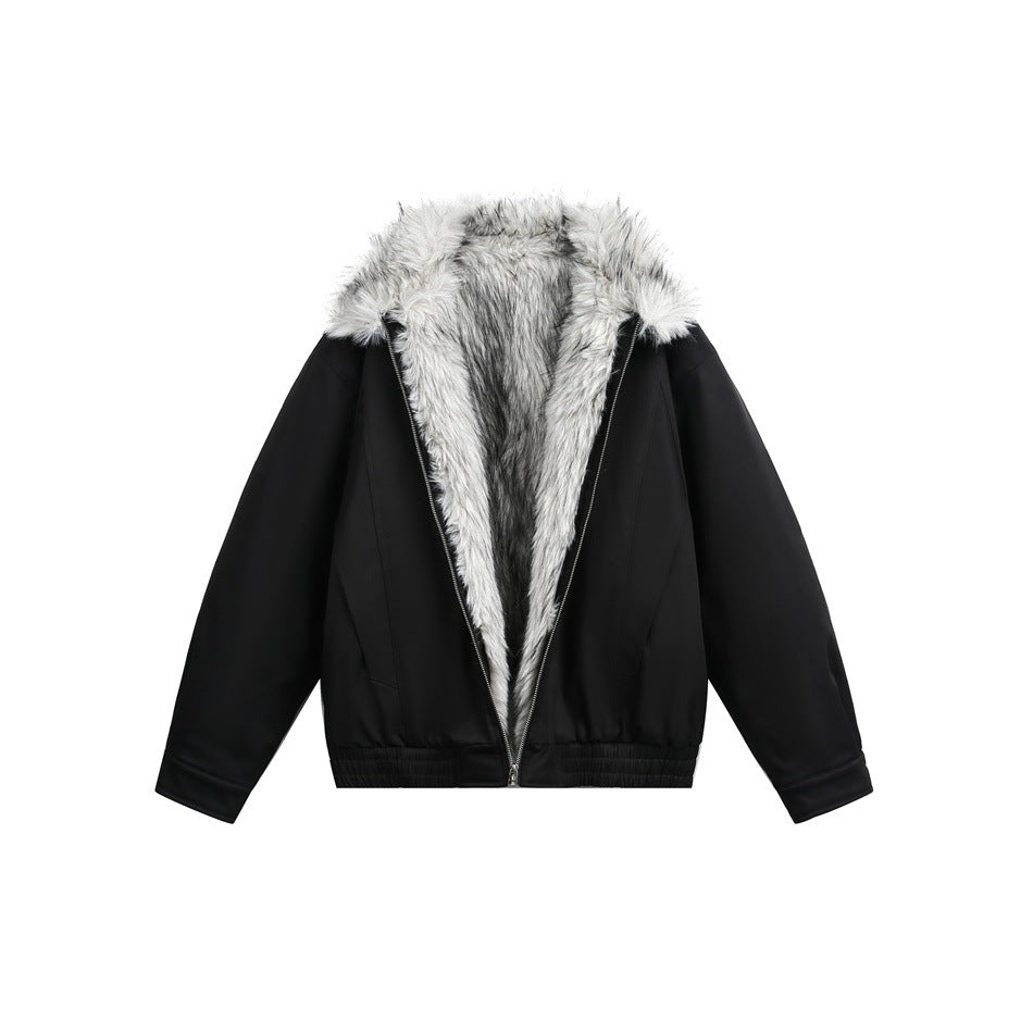 Front product view of a black zip jacket with a wide light gray faux-fur collar and matching lining.