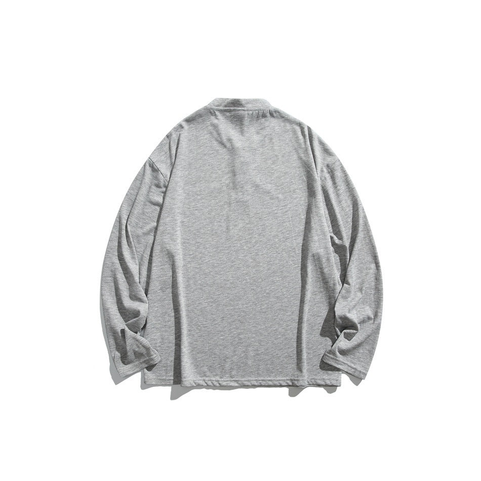 Back view of a gray long-sleeve shirt with a band collar, displayed flat against a white background.