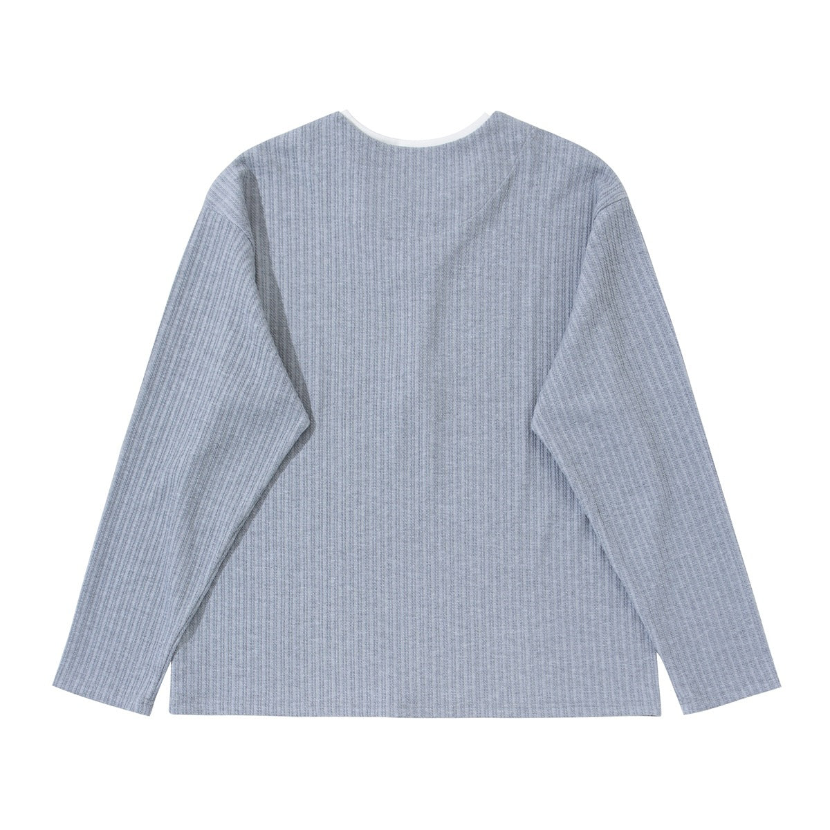 Back view of a light gray long-sleeve ribbed top with a simple crew neckline.