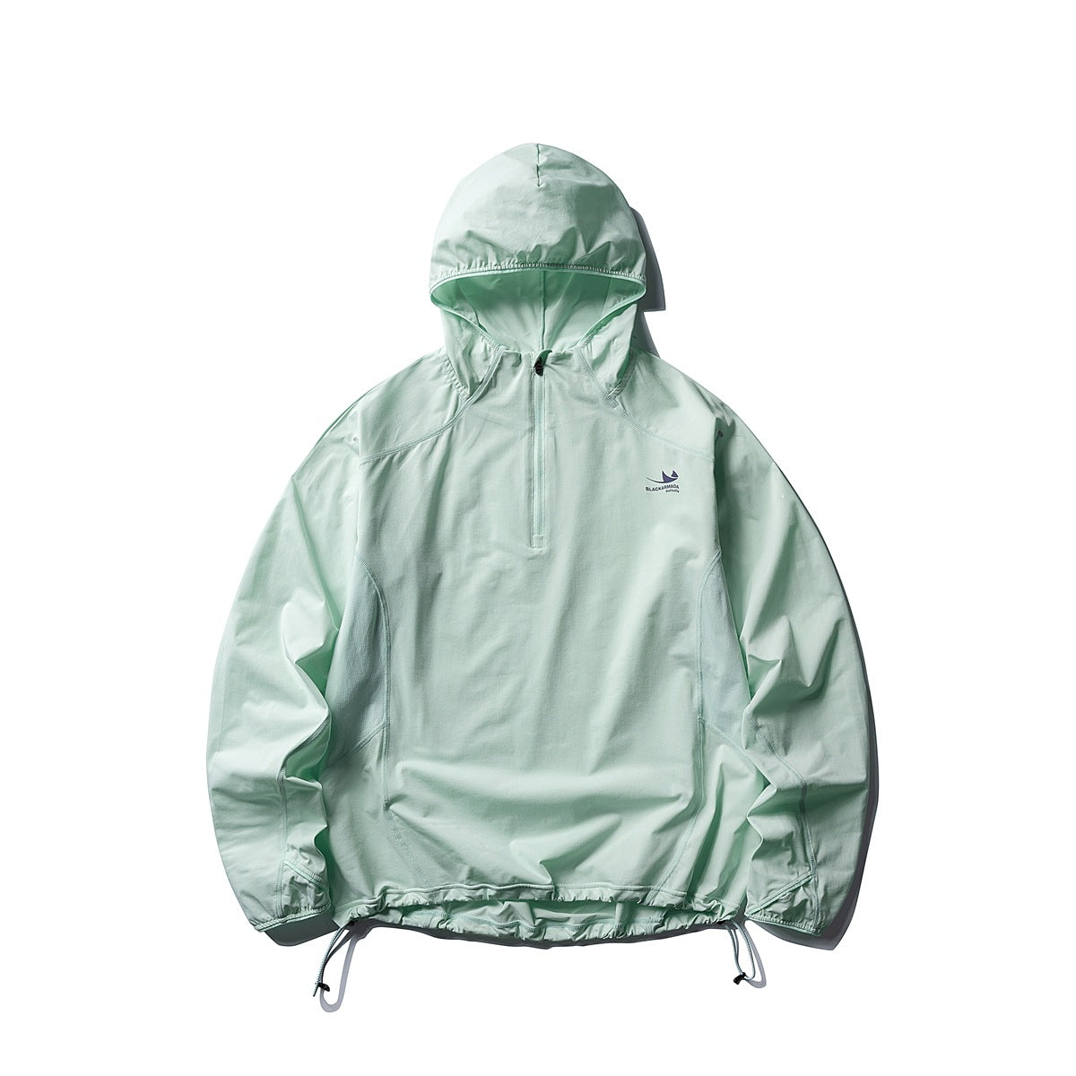 Front view of a pale mint hooded pullover jacket with a short zipper, elastic cuffs and hem, and adjustable drawcords.