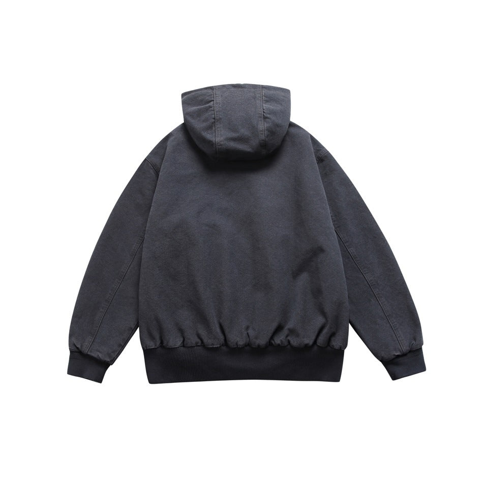 Back view of charcoal-gray washed hooded jacket with ribbed cuffs and hem band