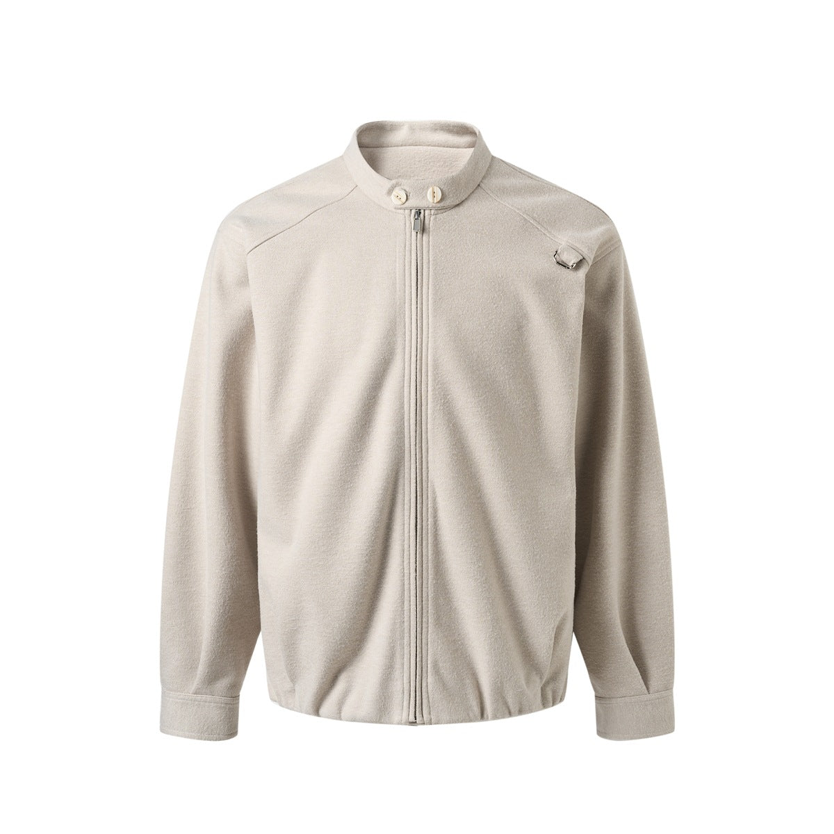 Beige zip-front stand-collar jacket with raglan sleeves, shoulder D-ring tab and elastic hem on a plain background