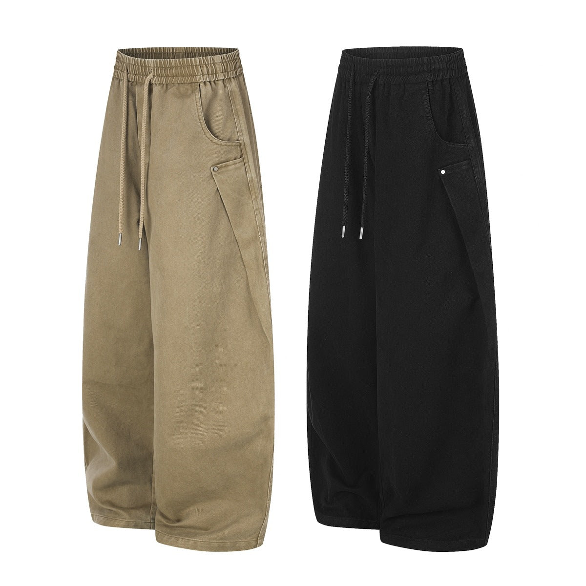 Two pairs of wide-leg pants shown from the front in khaki and black, with elastic waistbands and drawstrings.