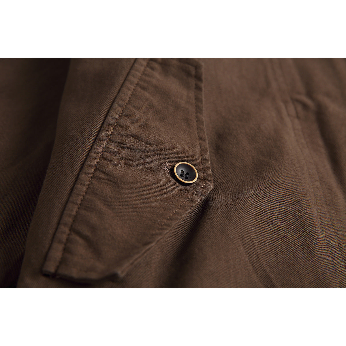 Close-up of a buttoned flap and visible woven texture on the brown jacket.