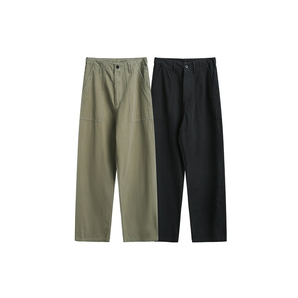Two pairs of loose straight-leg trousers shown side by side in olive and black, each with large front pockets.