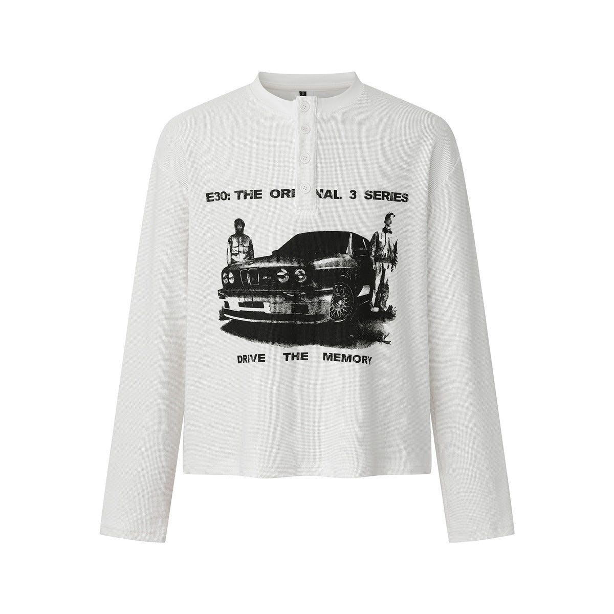 White long-sleeve Henry-neck top with button placket and black vintage car graphic print on the chest