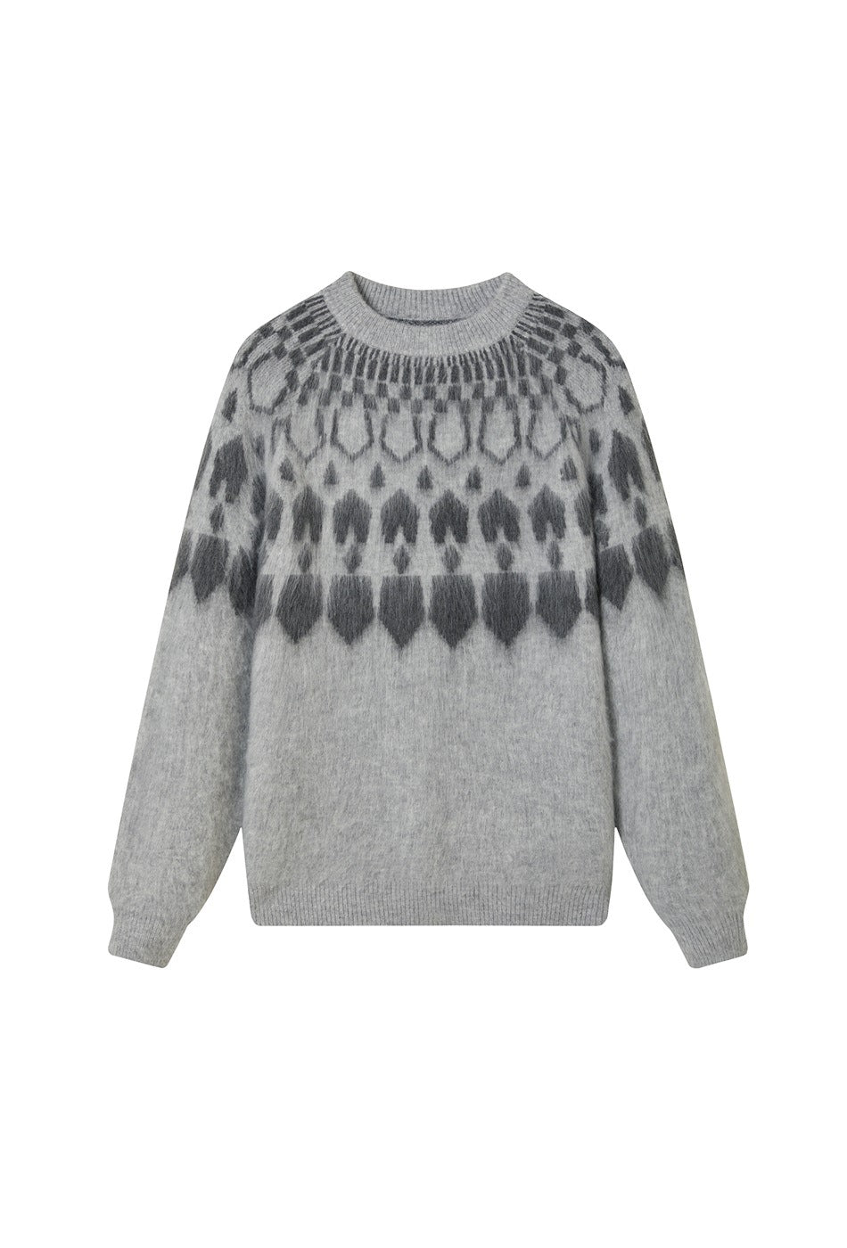 Front view of a light gray crew-neck sweater with a dark gray geometric yoke pattern and long sleeves.