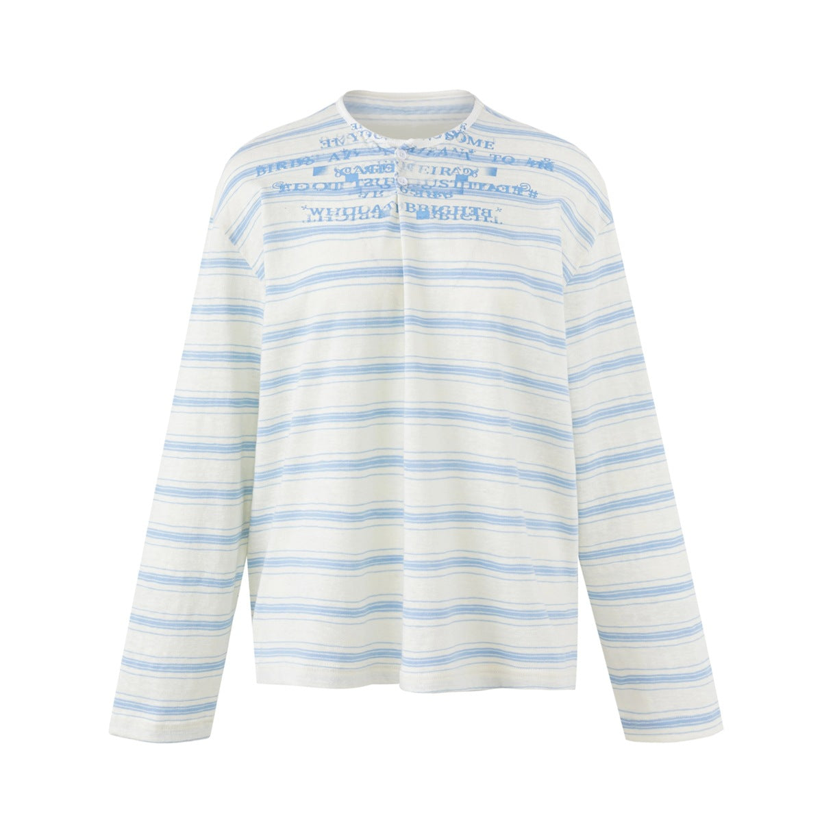 Blue and white striped long-sleeve henley top with three buttons and blue lettering print on the chest, flat front view