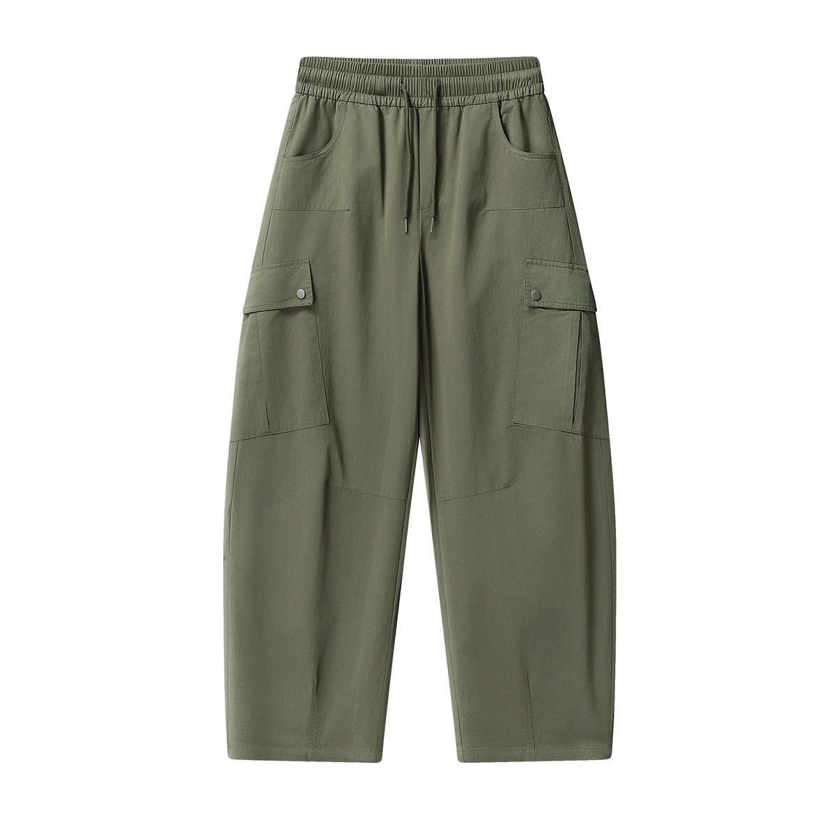Army green wide-leg cargo pants with drawstring elastic waist and snap-flap side cargo pockets, flat front view