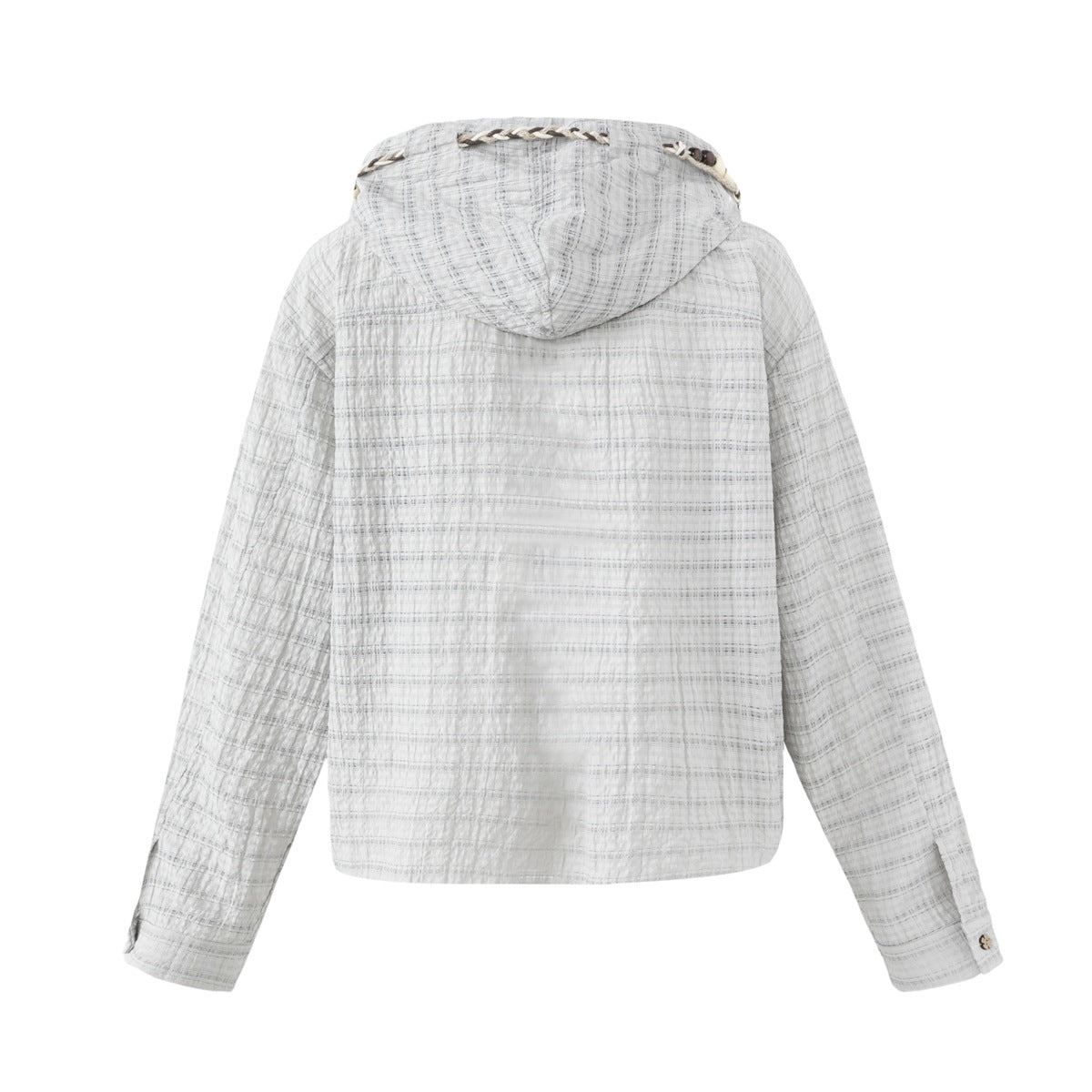 Back view of a light gray checked hooded jacket with long sleeves and braided trim along the hood.