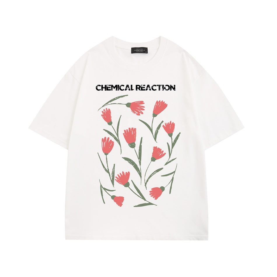 White short-sleeve crew-neck T-shirt with pink tulip print and black CHEMICAL REACTION lettering, front view