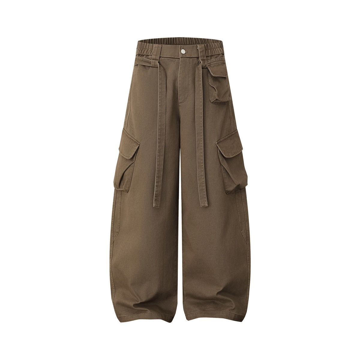 Brown wide-leg cargo pants, front flat view, with large side flap pockets, long waist straps and elastic waistband