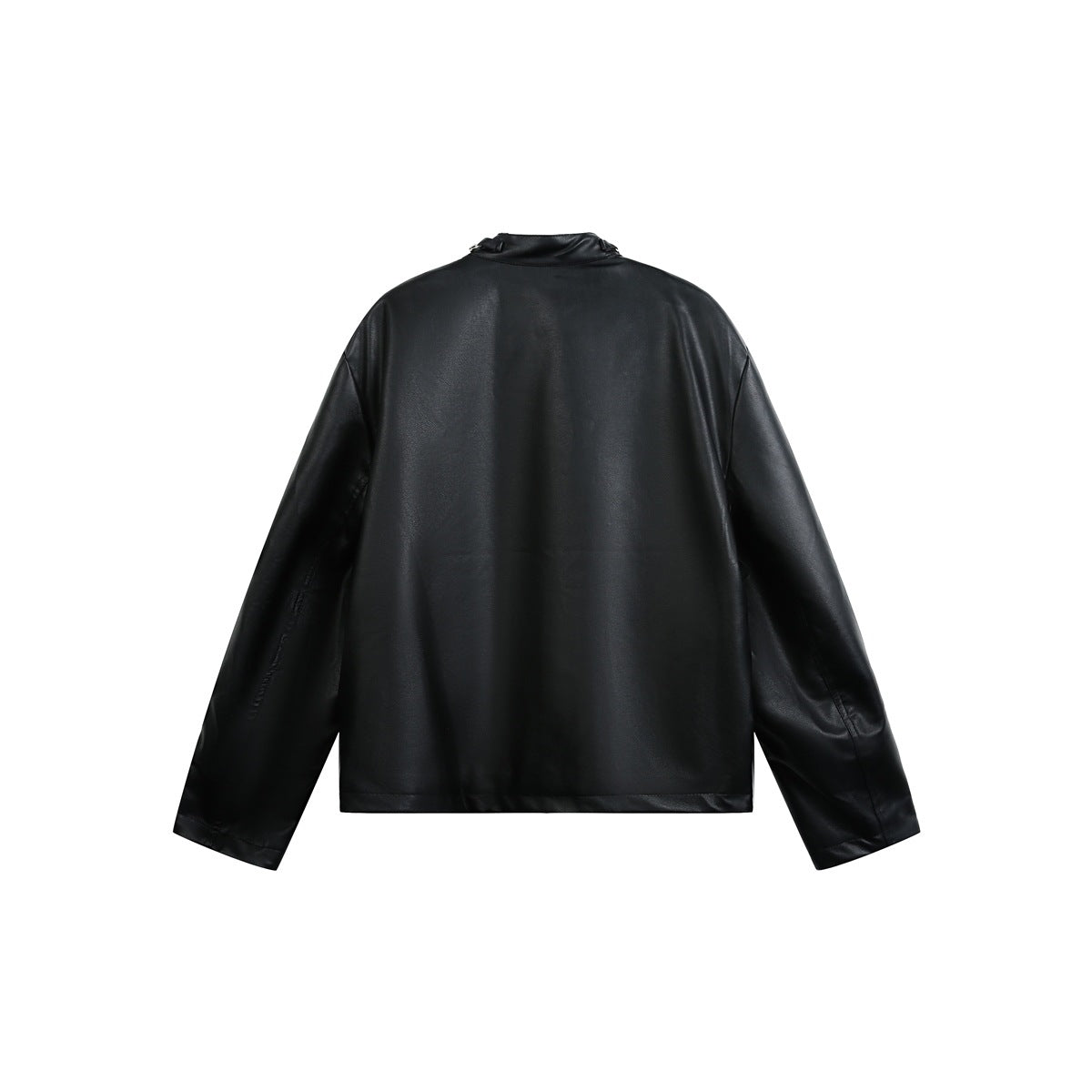 Back view of a black jacket with long sleeves and a short stand collar, shown flat against a white background.