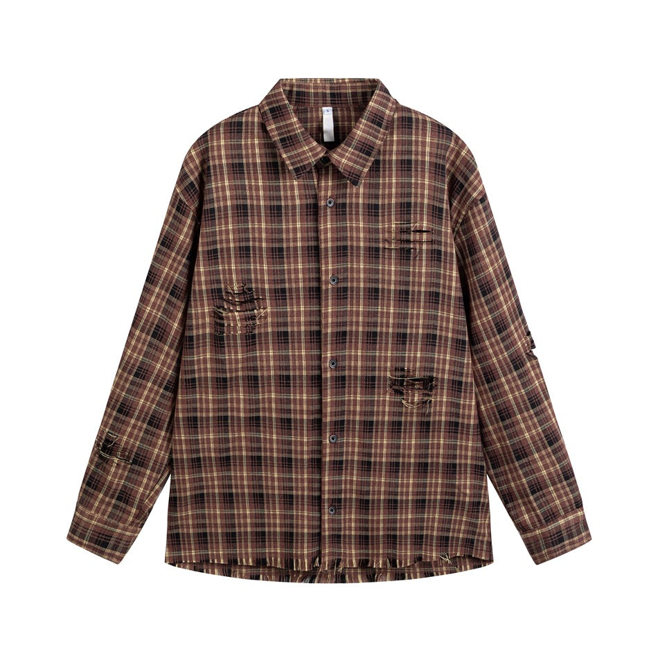 Brown plaid long-sleeve button-up shirt with distressed holes and frayed hem, flat lay front view