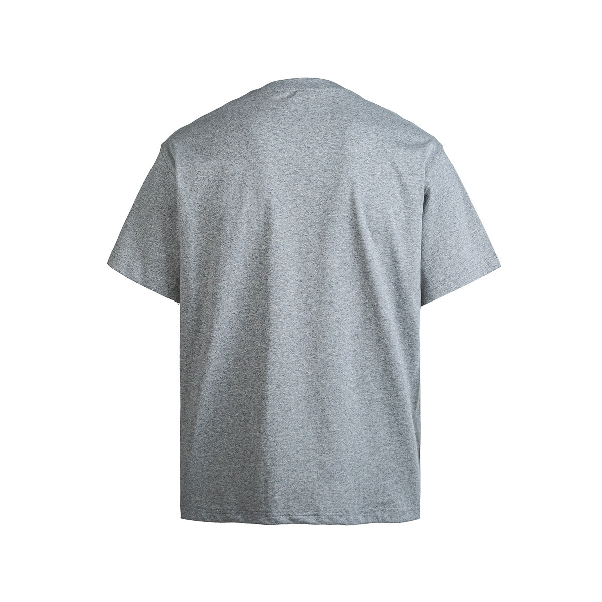 Back view of a plain gray heather short-sleeve crew-neck T-shirt.