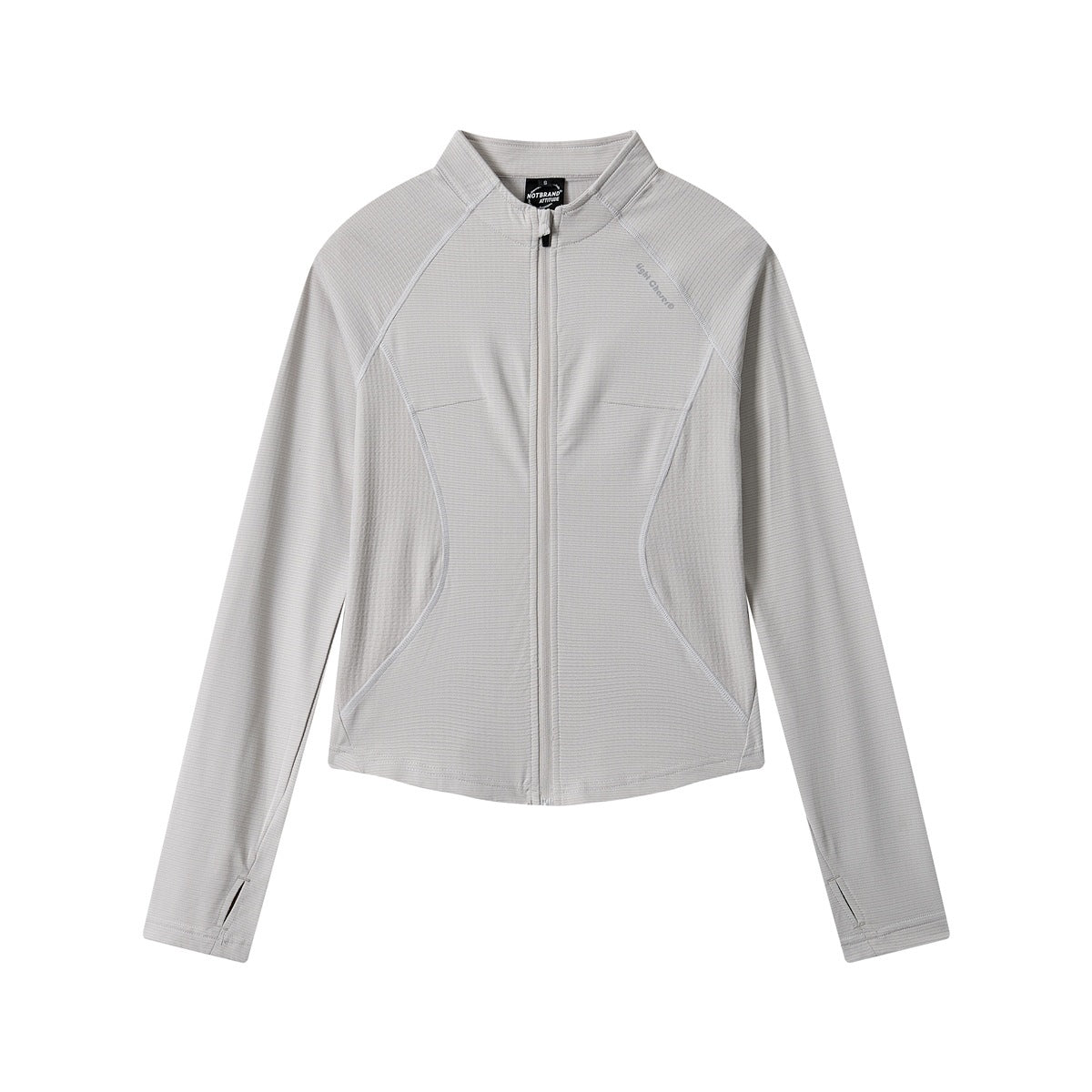 Light gray slim-fit stand-collar zip jacket, flat front view with raglan sleeves and thumbholes
