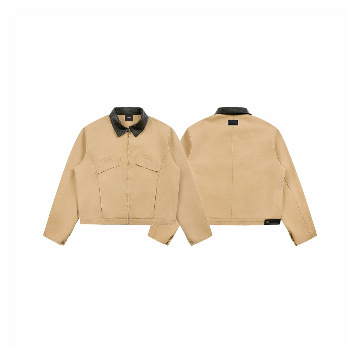 Tan cropped jacket shown flat, front and back, with a black collar and chest pockets.