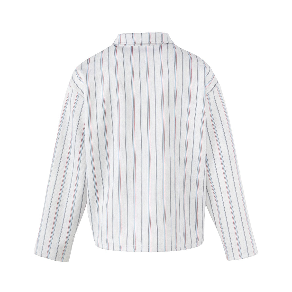 Back view of a white long-sleeve shirt with vertical blue, gray, and red stripes and a collar.