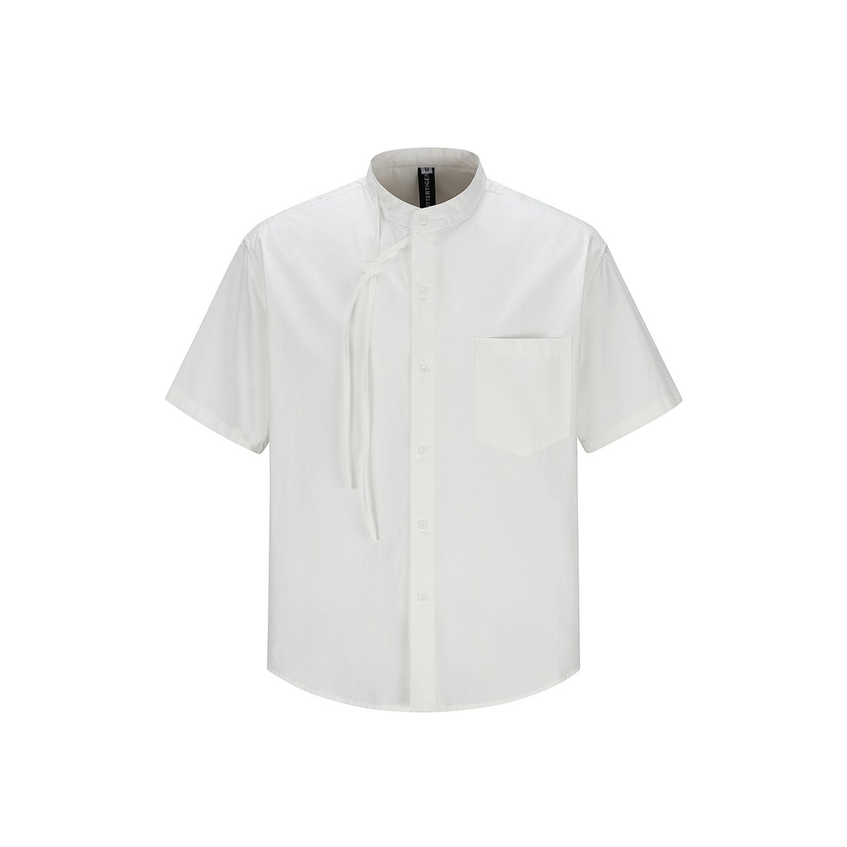 White short-sleeve stand-collar button shirt with chest pocket and knotted cord at the neckline, front view