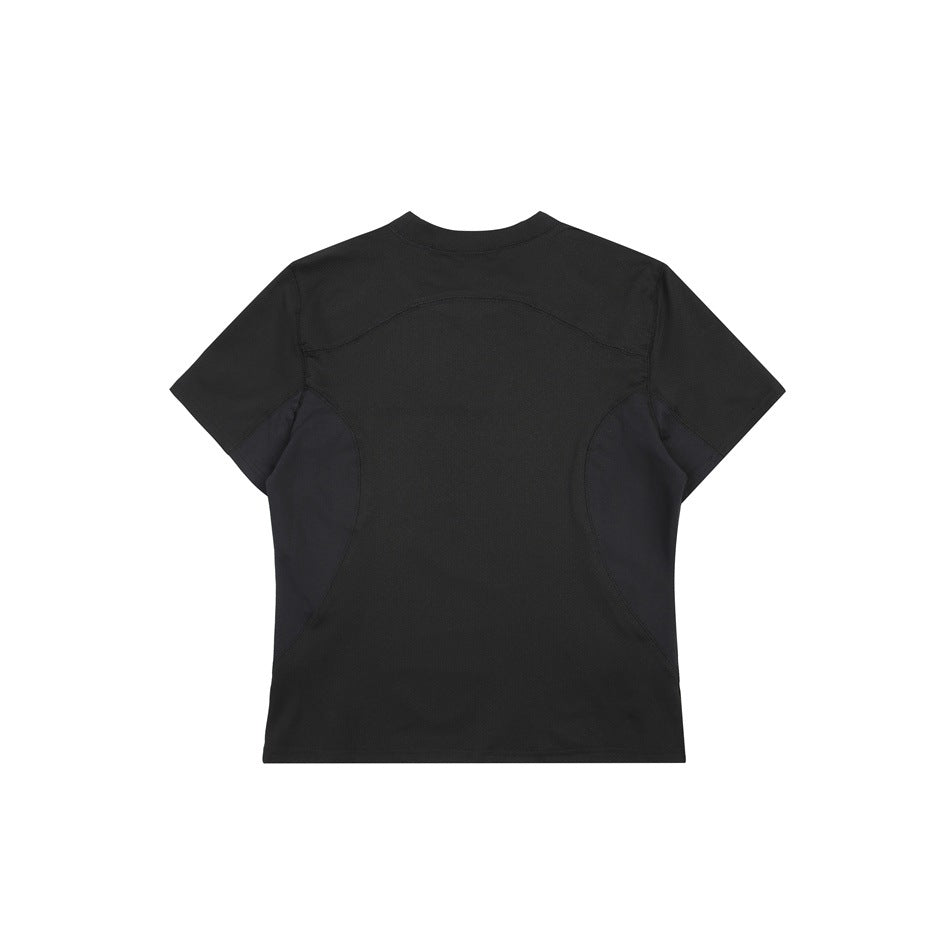 Back view of a black short-sleeve crew-neck T-shirt with curved contrasting side panels and a curved upper-back seam.