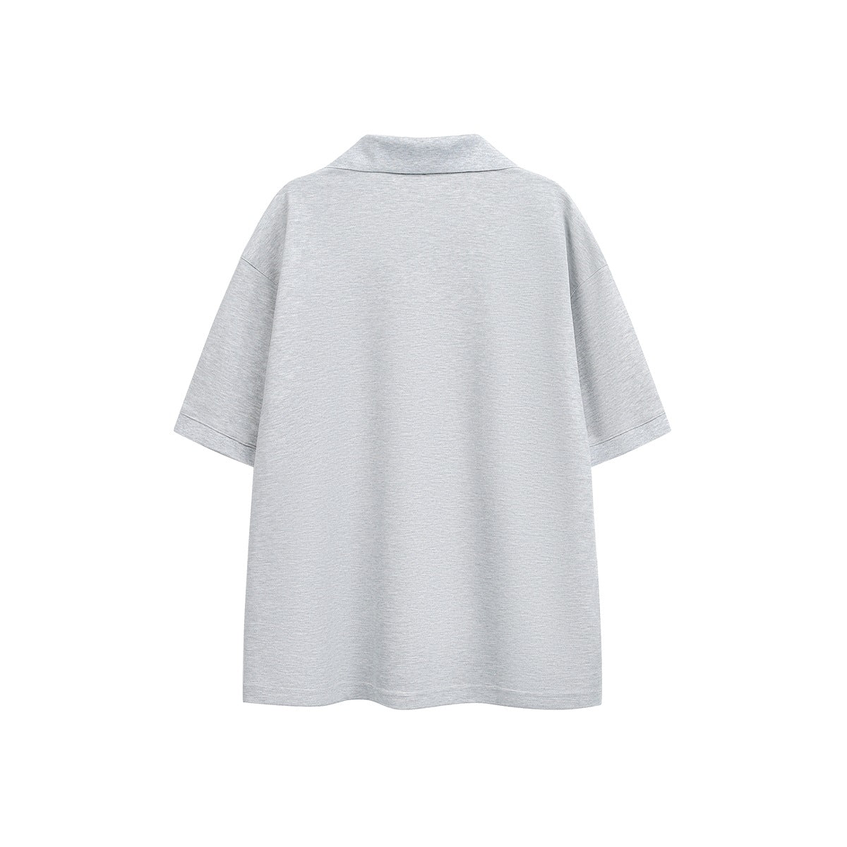 Back view of a heather gray short-sleeve polo-style top with collar and plain back, flat lay