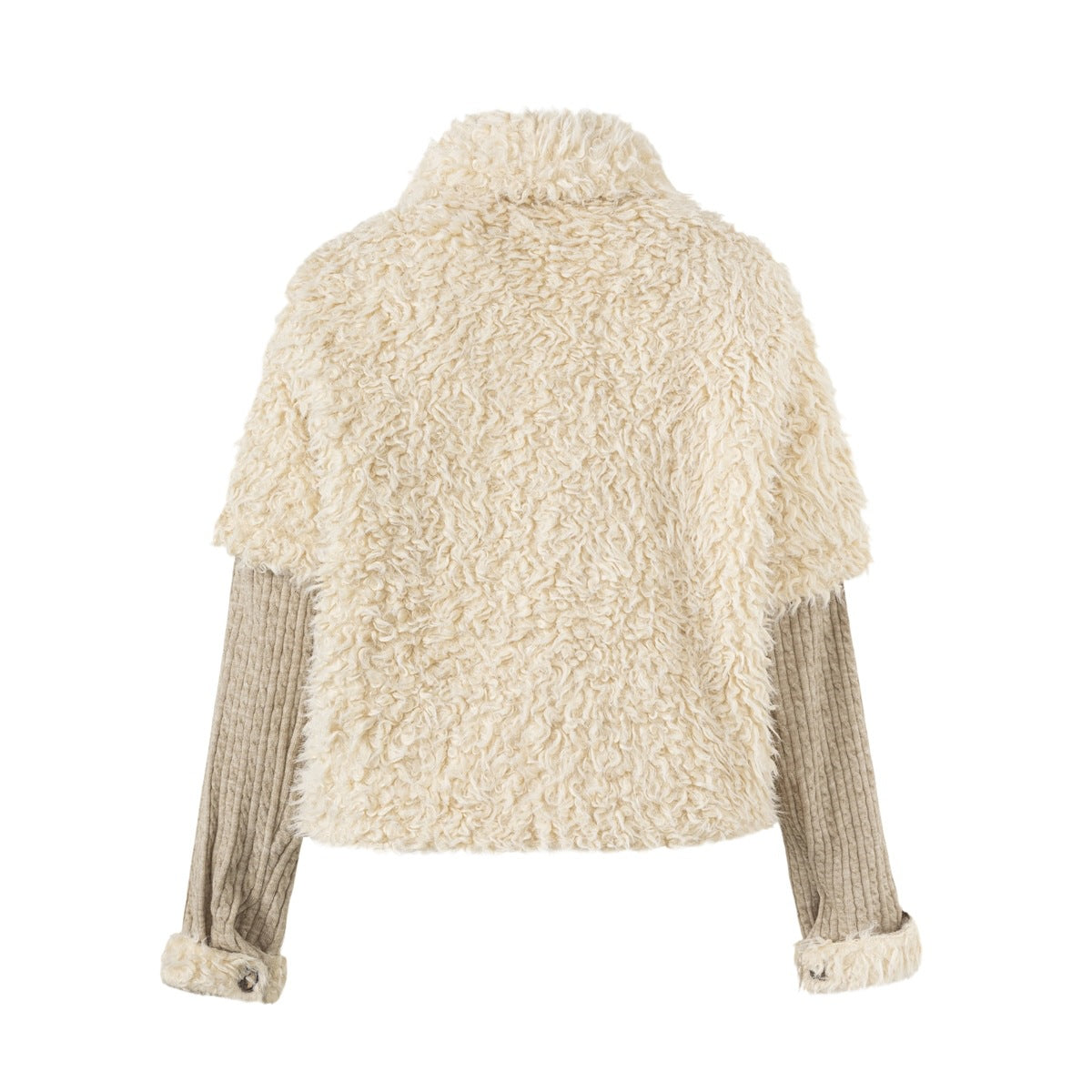 Back view of cream fleece-textured cropped jacket with khaki ribbed sleeves and folded pile cuffs
