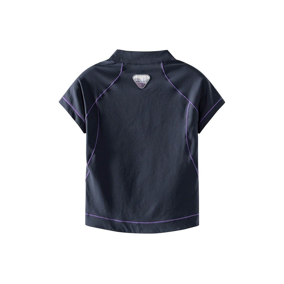 Back view of a dark navy short-sleeve top with a stand collar, purple contrast piping, and a small upper-back patch.
