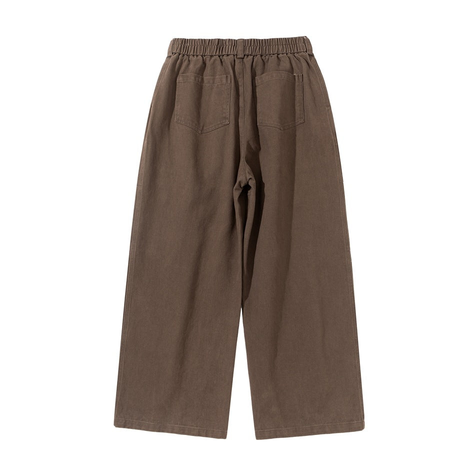 Brown wide-leg pants, back flat lay, with elastic waistband and two patch back pockets