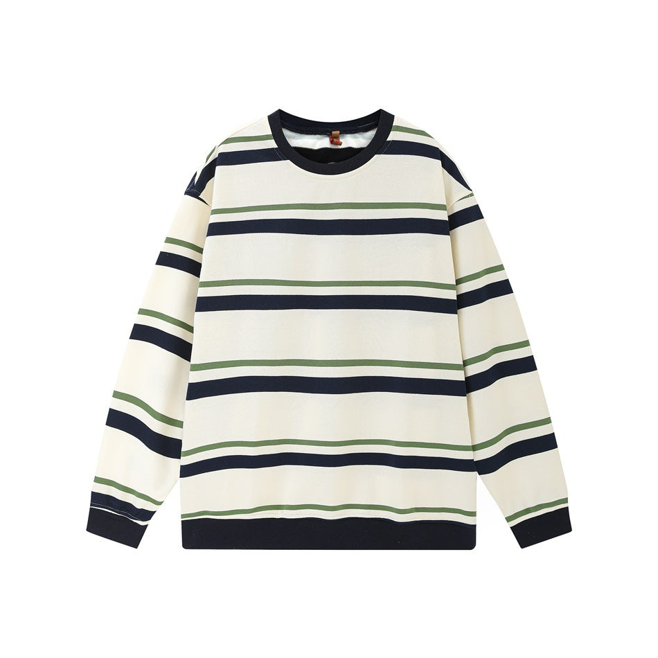 Cream crew-neck sweatshirt with navy and green horizontal stripes and navy ribbed neck, cuffs and hem, flat front view