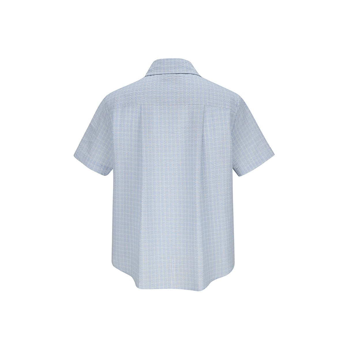 Back view of light blue textured check short-sleeve shirt with back yoke and center pleat