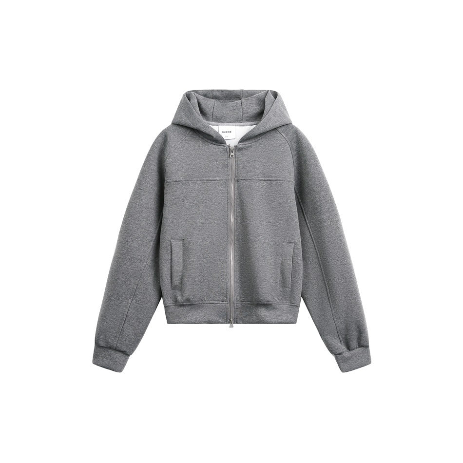Dark heather gray zip-up hooded jacket with raglan sleeves, front pockets and ribbed cuffs, flat front view