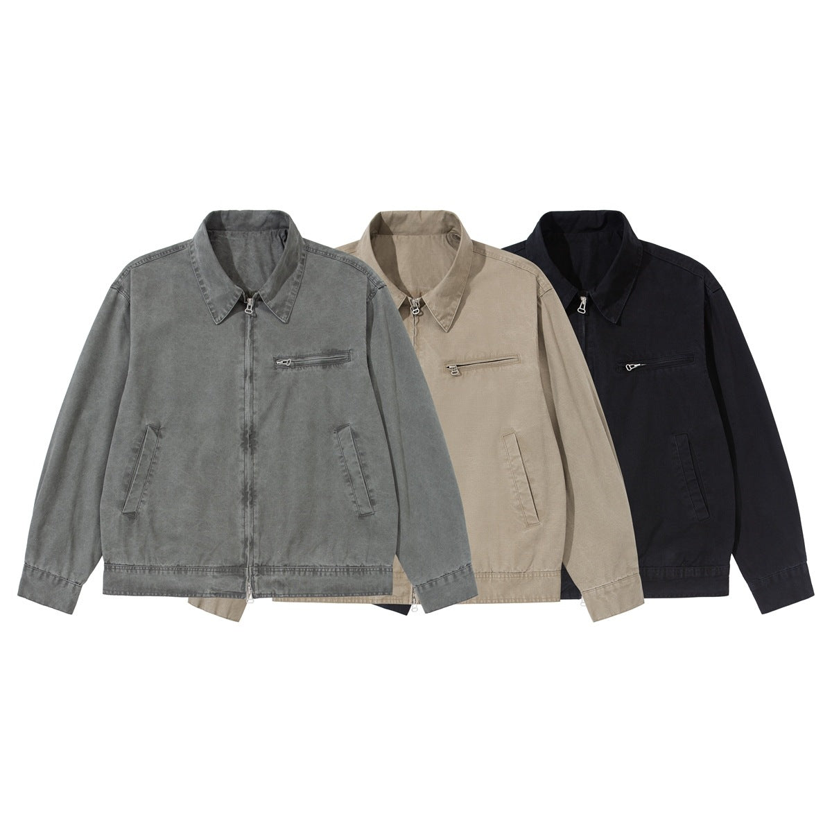 Three front-view collared jackets with zip closures in gray, taupe, and black.
