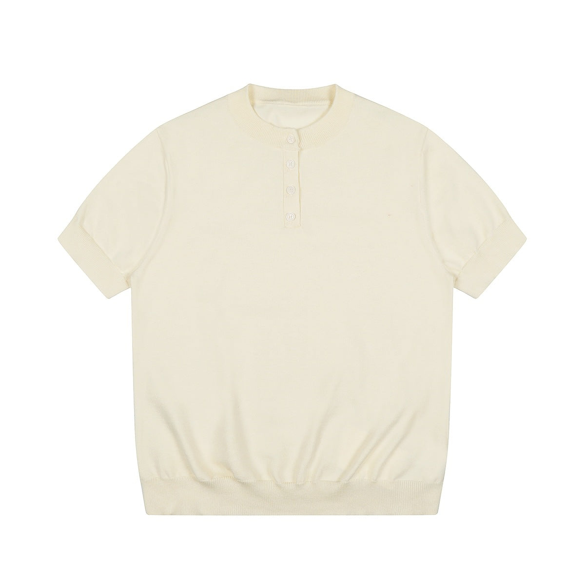 Beige knit short-sleeve henley top, flat lay, with ribbed collar, four buttons, ribbed cuffs and hem