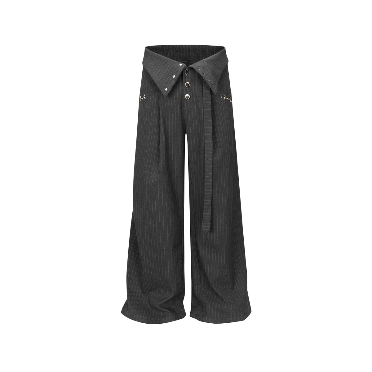 Charcoal pinstripe wide-leg trousers with fold-over snap waistband and long belt strap, front view