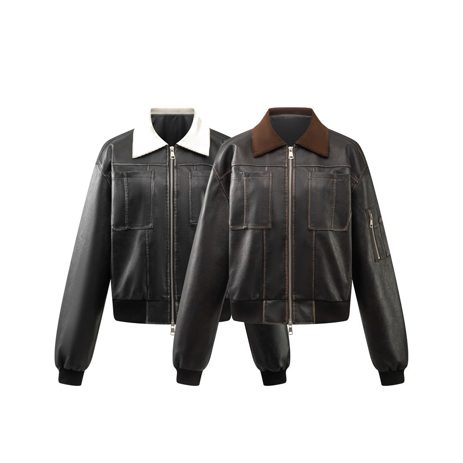 Two black jackets shown from the front, one with a cream collar and one with a brown collar.