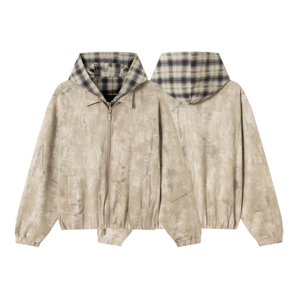 Beige mottled zip-up hooded jacket shown from the front and back; the hood has a gray plaid lining.