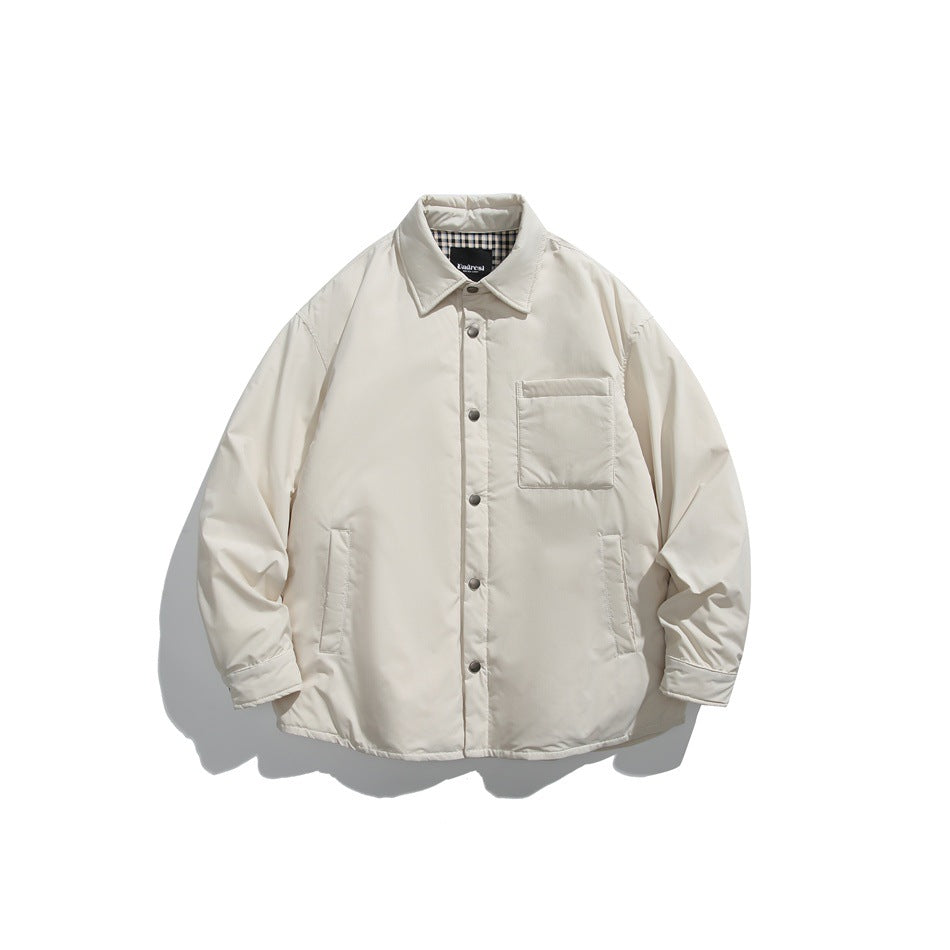 Light cream collared jacket with snap-button front, chest patch pocket, and two slanted hand pockets, shown flat against