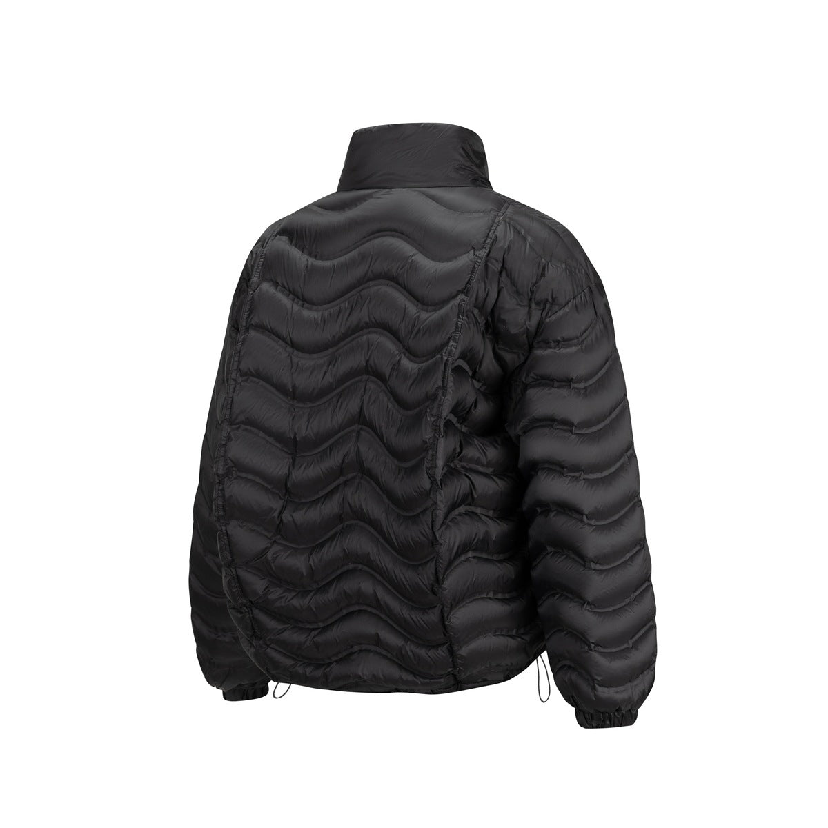 Back view of a black stand-collar jacket with padded wavy quilting and elastic cuffs.