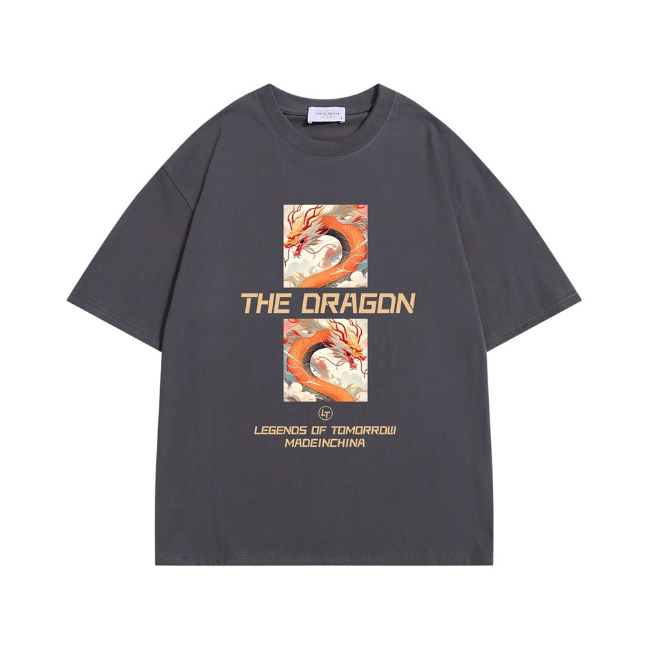 Gray short-sleeve T-shirt with orange dragon illustration and 'THE DRAGON' lettering on the front